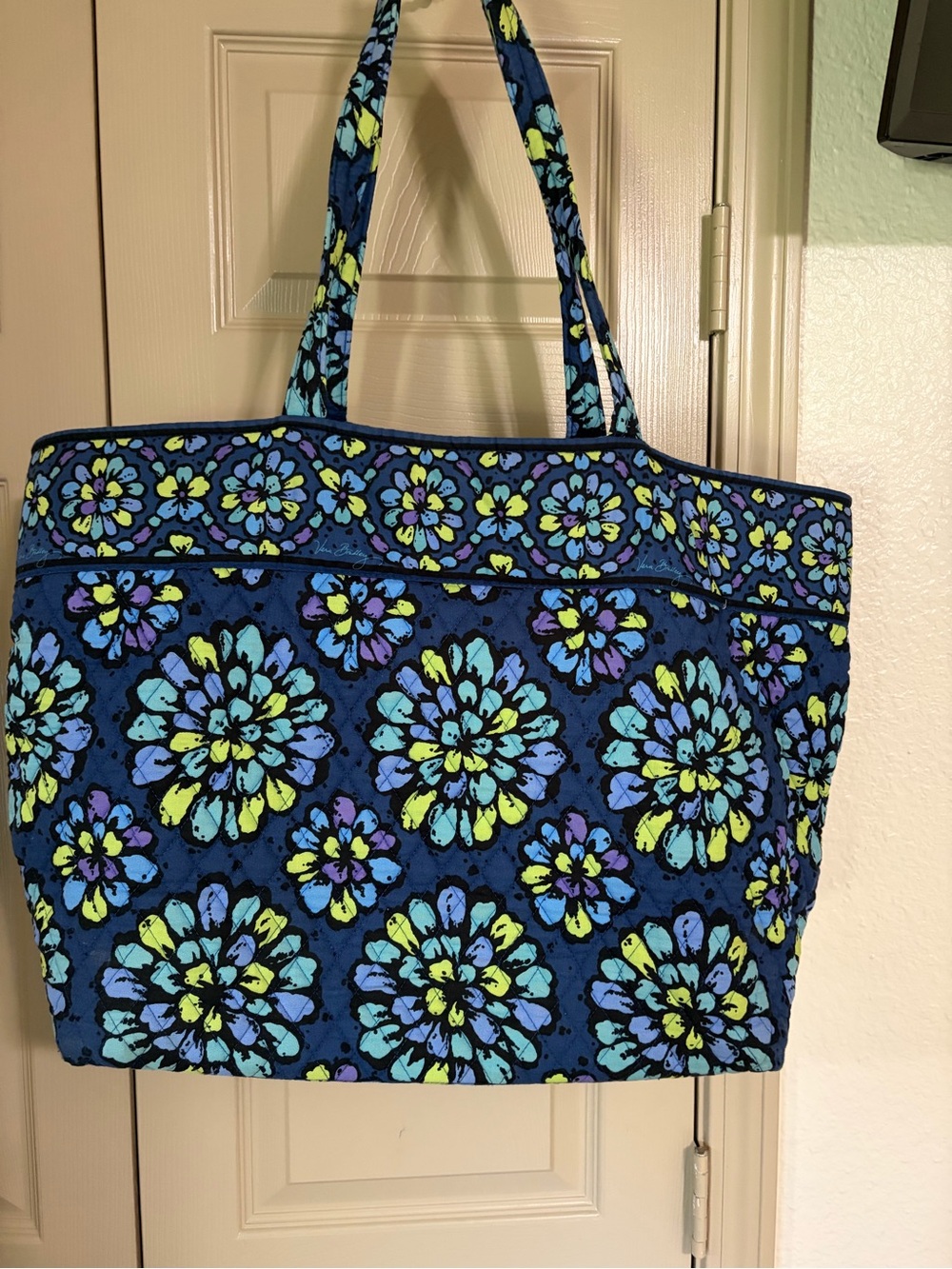 Vera Bradley Navy Blue Floral Tote Bag with Aqua, Purple and Lime Accents